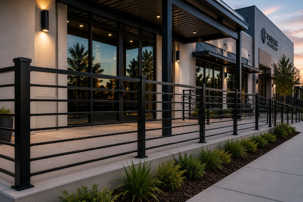 Commercial black metal railing outside a Central Florida business building