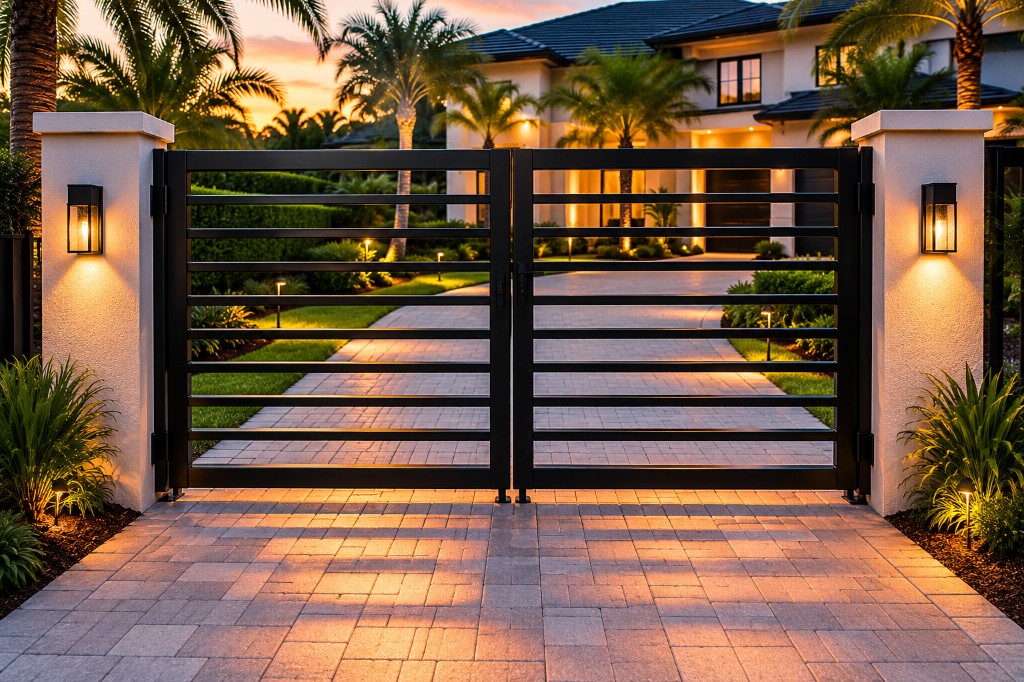 Modern black driveway gate at a Central Florida luxury residence