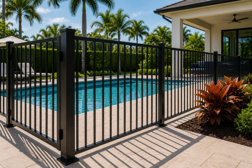 Black metal pool fence around a Central Florida backyard pool