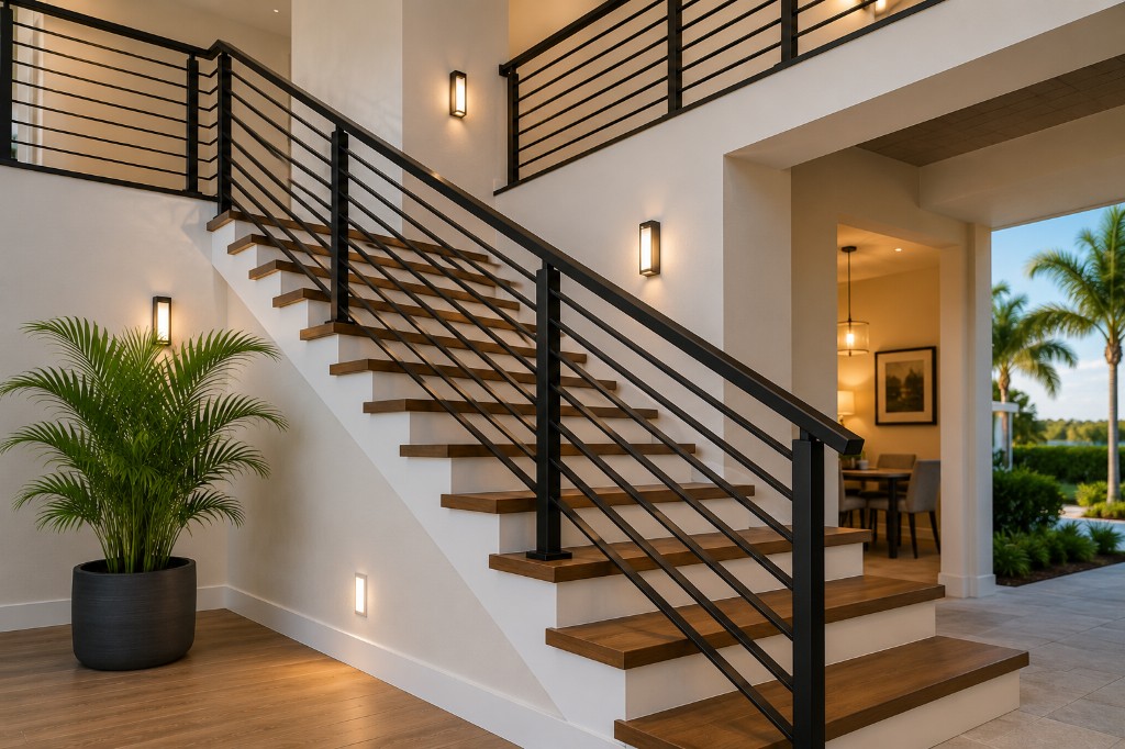 Modern black metal interior stair railings in a Central Florida luxury home